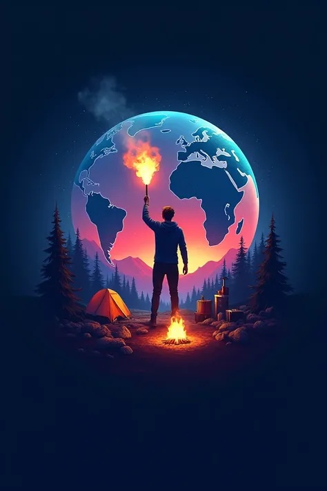  Please give me a logo containing a colored cantoya globe,  a  with a blowtorch , a camping area . in a night landscape 