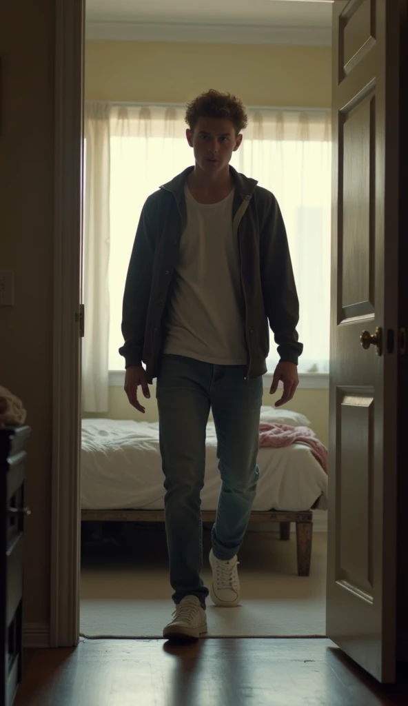 " A young man entering the room , with a serious and alarmed expression ,  wearing casual clothes but with a tense posture.  Background with a bed and a messy table . The atmosphere is tense,  with the afternoon light coming through the window ."