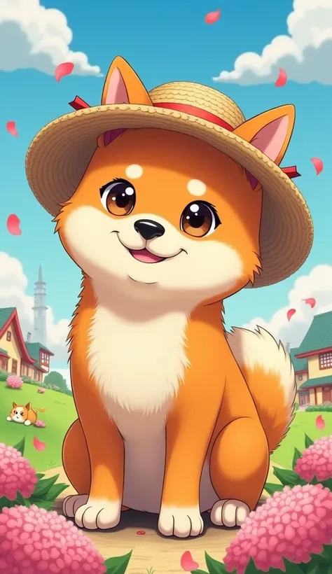 Shiba Inu、 comical 、 anime style、 straw hat
