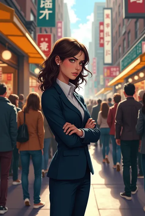 Generate an image of Visual: A busy city street with people rushing by in the background. A young professional woman in a suit looking very stressed and in a rushed, waiting for a long time, waiting for a food at a long lane with a lot of people to take th...