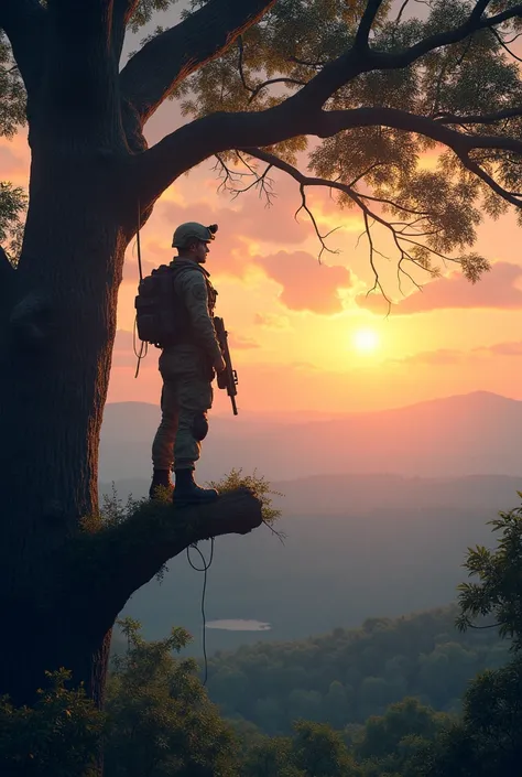 A soldier standing on the branches of a tree watching the sunrise 