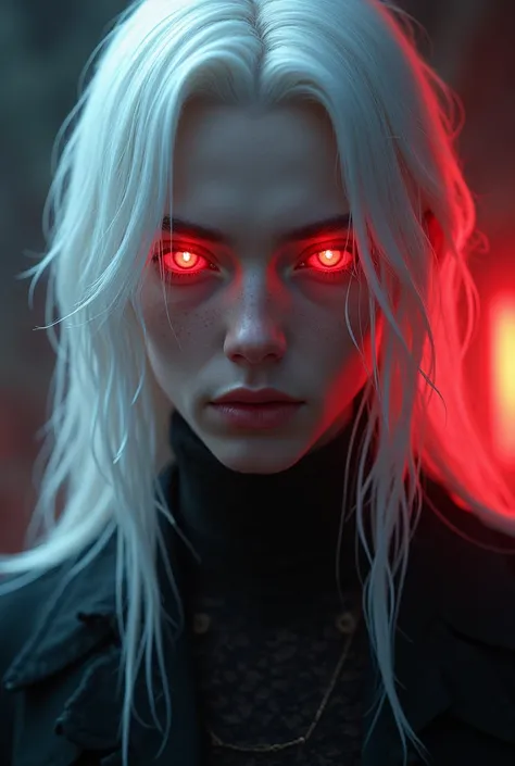 young, man, 20 years, Beautiful and dark . Long straight white hair . with glowing red eyes. supernatural aura. realistic