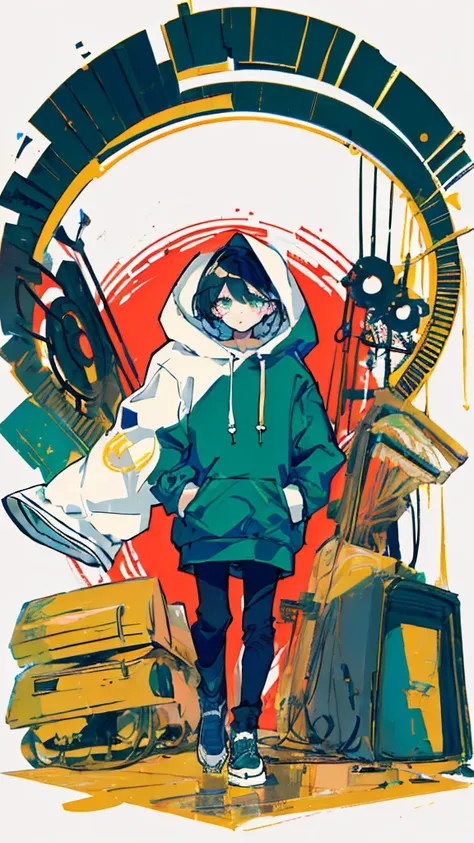 (masterpiece,  best quality:1.6), Alone, Thick outline, (pastel,  simple background, bright solid background , Monochrome,  steampunk theme :1.2),  Official Art,  key visual , 8k,   disorganized , whole body, (Unique Hair,  oversized hoodie ,  hotpants, Ar...