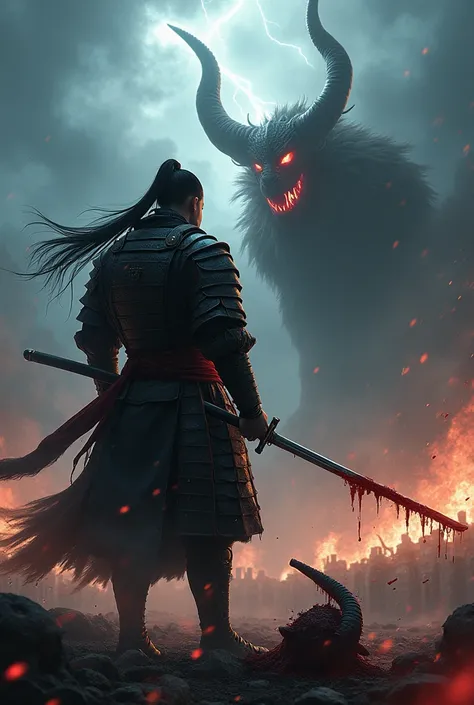  Samurai warrior of 2 meters , robust,  with a ponytail in his hair ,  cutting off the head of a demon begged with long horns, in the middle of a battlefield,  the warrior is covered in the blood of the demon .  The sky is stormy , with thunder and lightni...