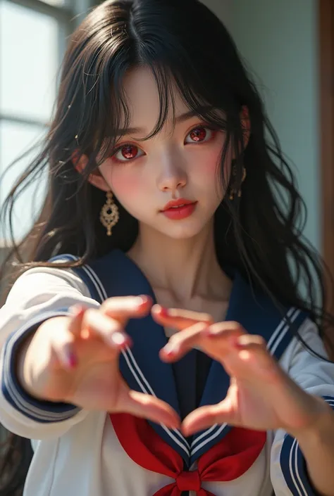 Beautiful girl with long black hair and red eyes imitating a gun with her hands and a blushed face wearing a Korean uniform
