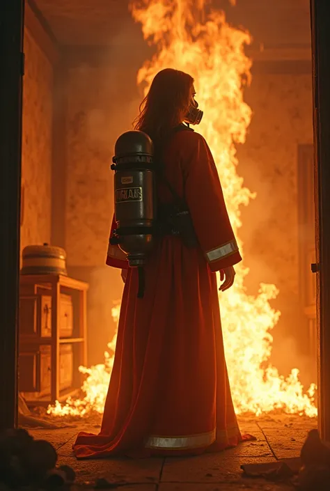 Saint Barbara wearing a firefighters air in a room on fire 