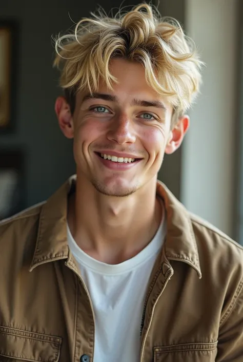 a 21 year old with blond hair, short and slightly messy,  that highlights his face with soft but attractive features .  his green eyes , bright and expressive,  they reflect a calm and accessible personality ,  although sometimes they can show a spark of f...