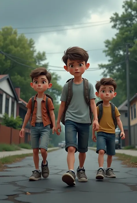 A group of boys walking around without backpacks talking with a worried face on a neighborhood street on a cloudy day 