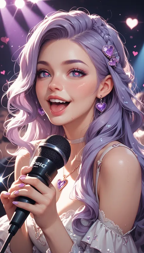 Light purple long hair female, heart shaped pupils, focus face, speak into the microphone