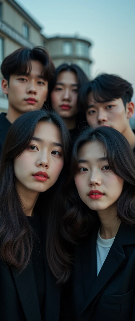 Des amis korean pose pour une photo, un air agréable, il on lair responsable les uns des autres. Ils sont charismatiques, très bien détaillés, beaux visages, beaux yeux. À côté dun lycée coréen. Style kdrama. Suspens. Ils ont tous 18 years. Lumières sombre...