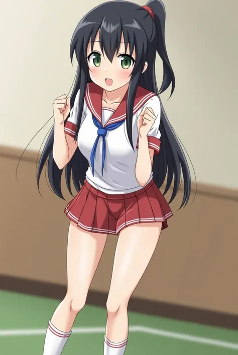 perfect_quality,perfect_anatomy,perfect_body,masterpiece,indoor,gym_uniform,school_gym,high_leg,summersalt,sweaty,black_hair,light_green_eyes,1_beautiful_girl,long_hair,best_quality,beautiful,good_anatomy