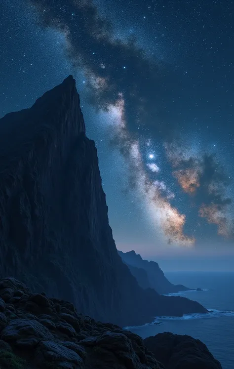 A rocky promontory with a starry night in the background