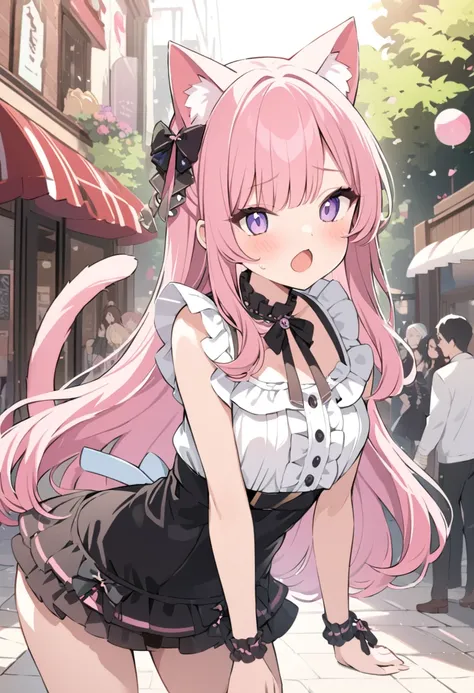 ((masterpiece、8k、highest quality)), 2D illustration、 cute 、 pink hair、 long hair、Cat tail、Elegant ruffle blouse 、 asymmetrical skirt 、 open your mouth and laugh 、Cat pose、((Harajuku fashion))