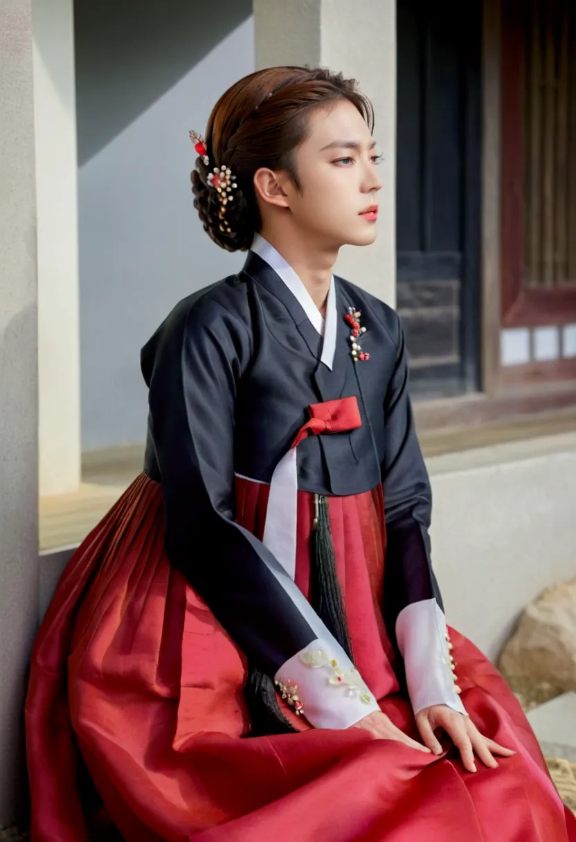 korean male wearing hanbok ,  hello crossdresser ,  his face and hairstyle are very masculine, pearl , sexy women's hanbok dress...