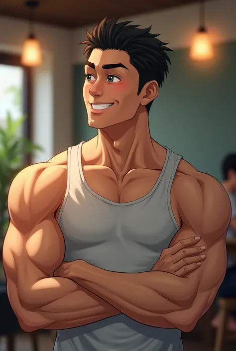 A realistic image of a Japanese bodybuilder wearing a simple, clean tank top, sitting and listening attentively with a warm smile. His muscular physique is defined, showing the results of hard training, while his expression is friendly and approachable, gi...