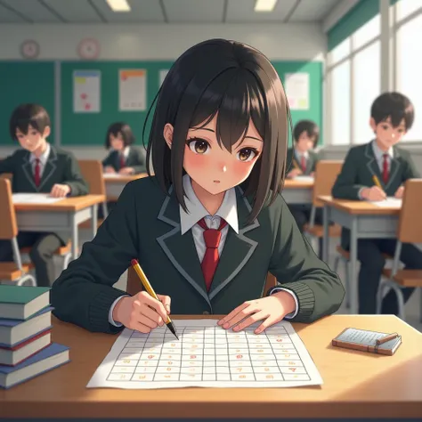 Generate a realistic image of real ren from a school doing Sudokus