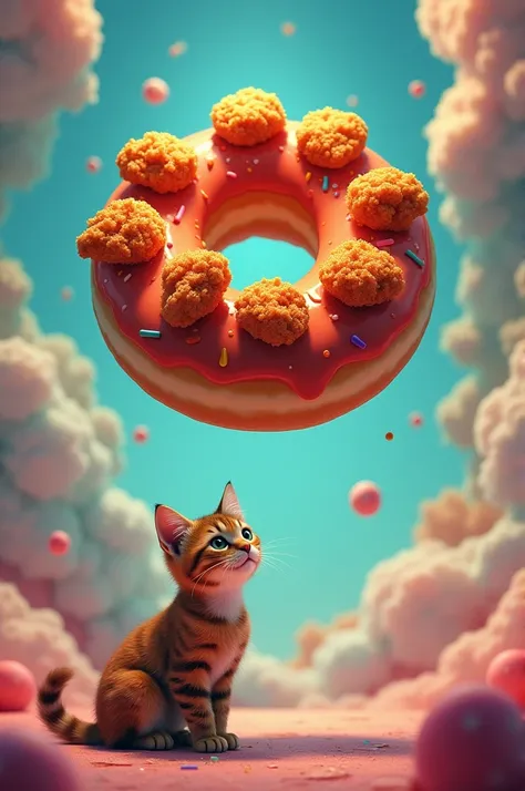 A flying donuts with chicken nuggets as a topping and its spicy with cat overlooking it from below