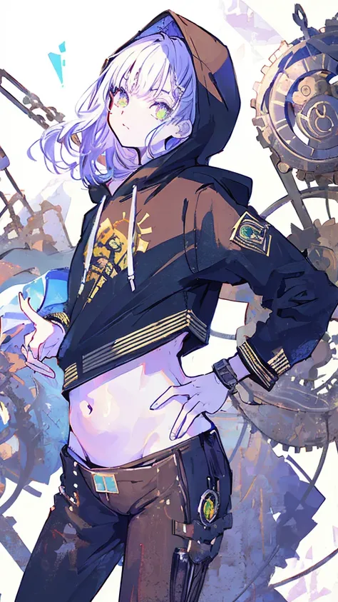 (masterpiece,  best quality:1.6), Alone, Thick outline, (pastel,  simple background, bright solid background , Monochrome,  Steampunk Costume:1.2),  Official Art,  key visual , 8k,   disorganized , whole body, (Unique Hair,  oversized hoodie,  hotpants, Ar...