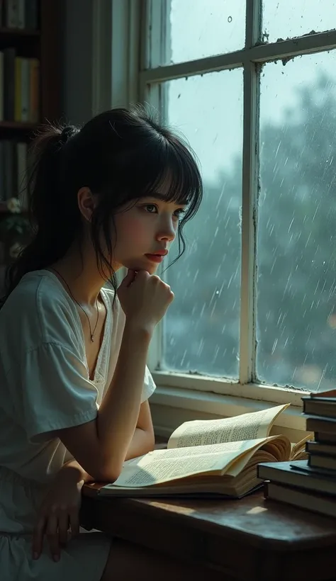 It is outside raining and there is a girl who is studying as well as looking outside with hope pictures should be aesthetic and nostalgic and all the pictures should be different 