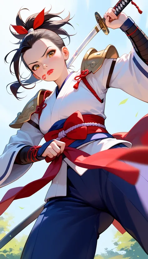 masterpiece, highest_quality, ultra_detailed, from_below, 1_girl_focus, girl is (japanese_young_girl, samurai_armor, katana, lipstick_mark_menpoo), five_finger, full_of_details, embarrassed, detailed_face, dynamic_angle, acrobatic_pose, dynamic_pose, dynam...