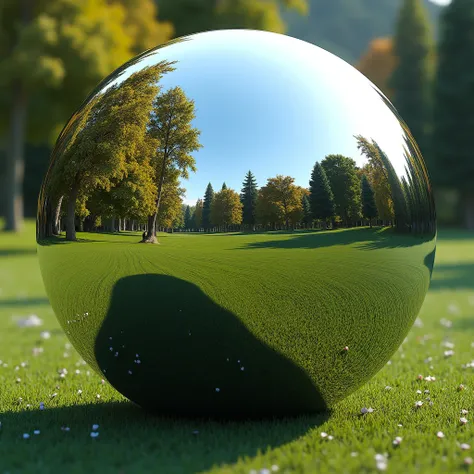 A hyperrealistic rendering of a chrome-plated sphere, perfectly reflecting a lush garden, showing a complete and undistorted reflection of the garden’s colors and details. Pay close attention to the spheres perfect roundness.