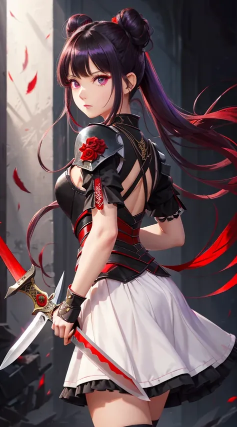 1girl,  long hair, asymmetrical bangs, double hair buns, red rose hair ornaments, ivory hair, light pink eyes, purple eyeshadow, maid, black armored dress, black plate armor, black gauntlets,
 (((attack,holding blade, red and dark blade,double-blade ,motio...