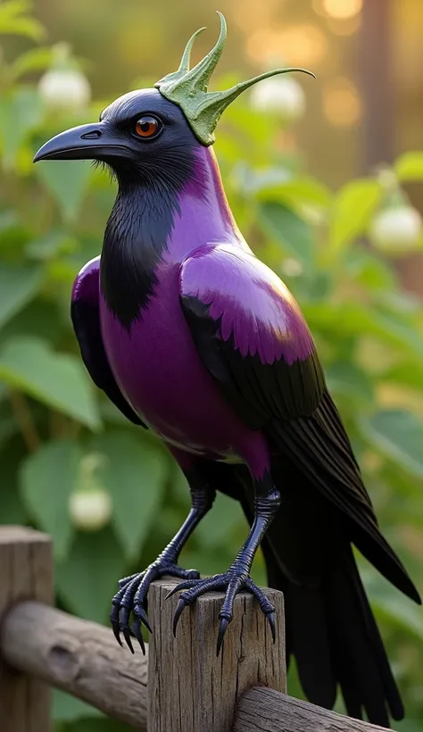 Here’s a detailed and realistic prompt for a hybrid of a crow and an eggplant:

"Create a hyper-realistic hybrid creature that blends the sleek features of a crow with the organic qualities of an eggplant. The creature’s body should maintain the streamline...