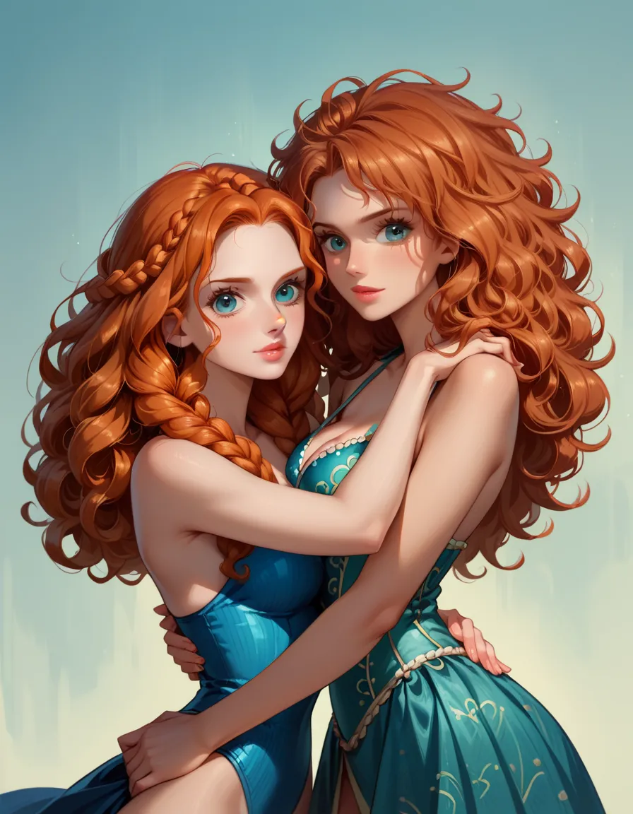 score_9, score_8_up, score_7_up, score_6_up, rating_questionable, 2girls, duo, beautiful waifu, (disney's merida, redhead, curly...