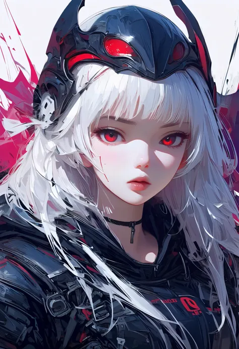 masterpiece，  Quality Best ， 8K， number，  1 girl at home，  unique ， Stand up， youth， White hair， long White hair， Hair accessories，  red eyes ， round pupils， No Expression， Bloodstained mechanical parts， electric wire， cable， Failure Effect， Terrible，  Sci...