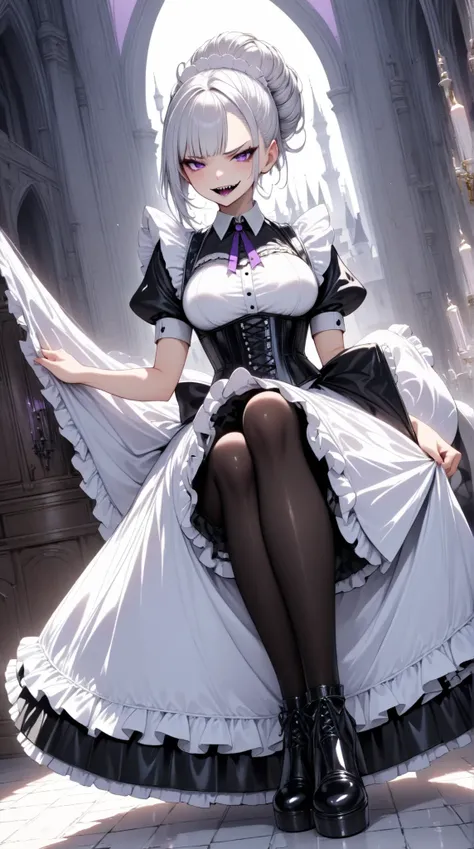  Young Beautiful Woman ,( best quality, very detailed depiction, incredibly absurd high definition, Sharp Teeth Like a Beast ),(Black and white gothic maid outfit,Maid Skirt, Corset , black tights,Black boots),( Silver Hair, hair up to the shoulders,Purple...