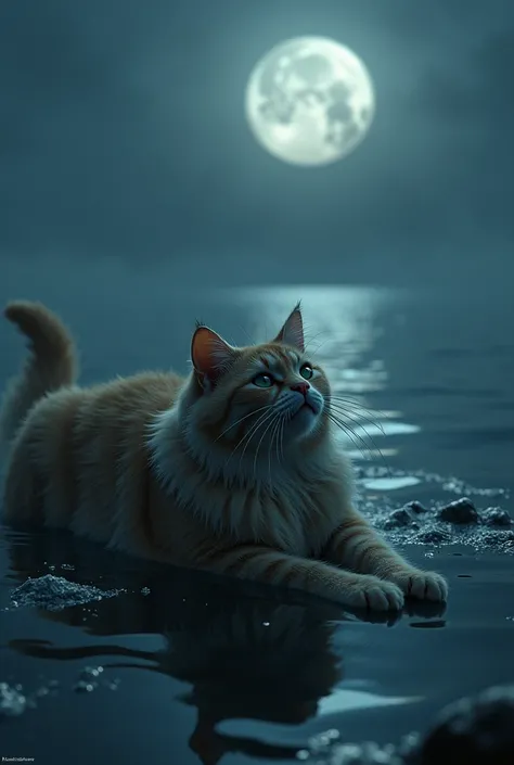 
“A highly realistic image of Rose, the female Persian cat, lying on the floating debris in the freezing ocean after Jack has sunk beneath the surface. Rose is wearing the same outfit she wore in the final scenes of the Titanic movie—a long, soaked gown th...