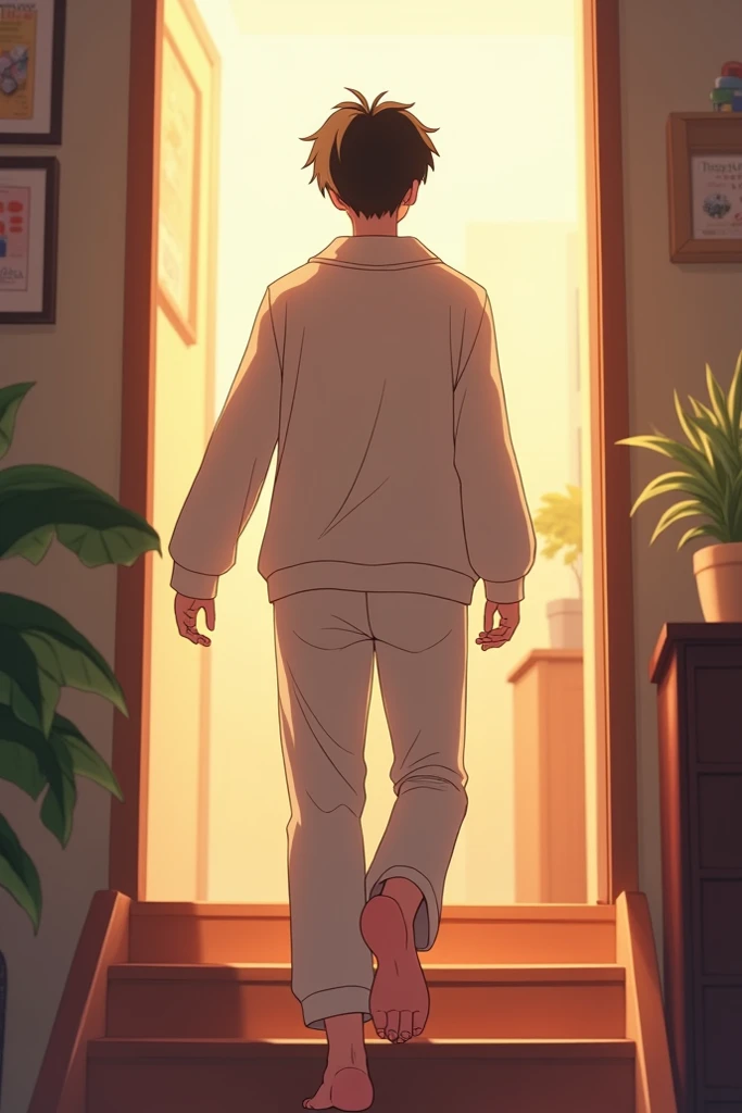 Young man in pajamas walking down the stairs anime style 