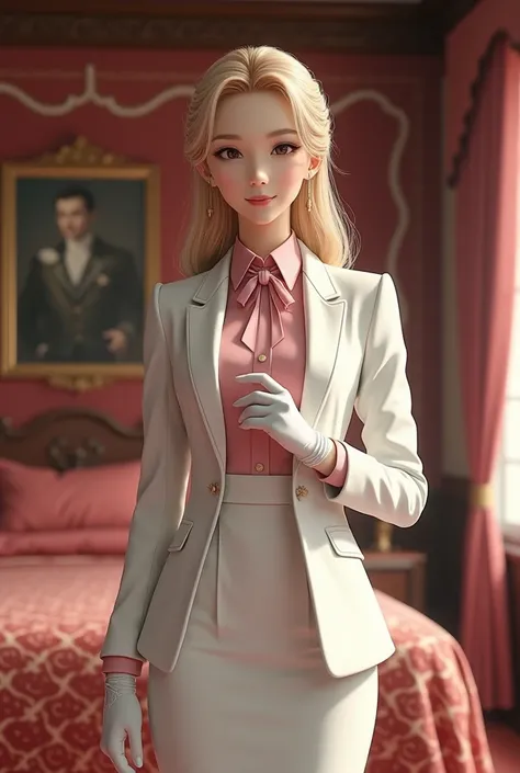 (8K, Realistic., RAW Photos, Highest quality::1.4), Photos of Japanese female butlers, The character is dressed in a formal butler outfit, similar to a tuxedo., she is wearing a white jacket ,white skirt and pink shirt,  as well as a silk tie and gloves,pa...