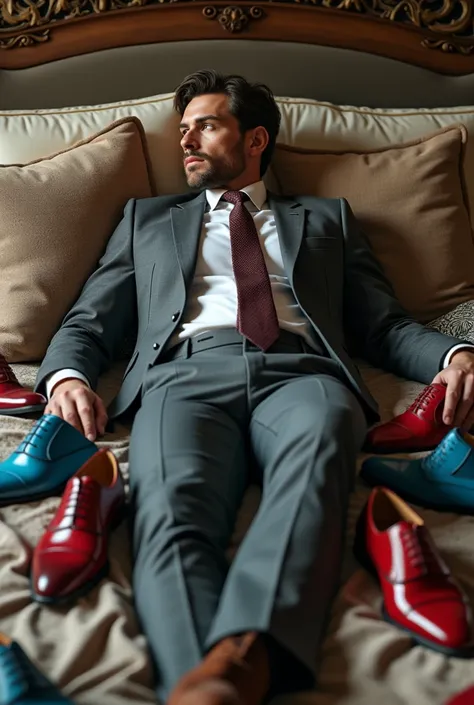 Man in a suit lying on a bed surrounded by shiny shoes in different elegant colors