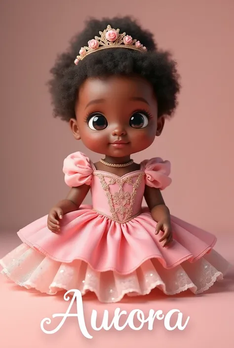 A light-black-skinned baby dressed as Disneys Sleeping Beauty princess and with the name Aurora written underneath  