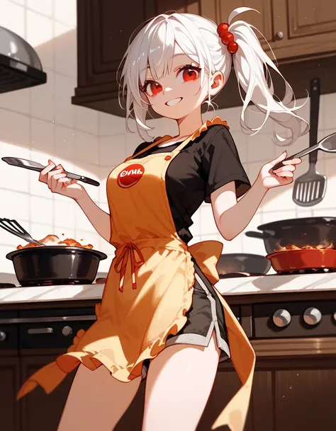 elder sister,White hair, in red eyes ,LARGE BLACK T-SHIRT, shorts,Put on an apron,cooking,smile, in a good mood , Medium Chest,Side ponytail,sing,cute, image from the back,Dark circles under the eyes