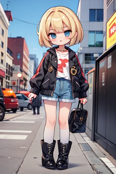  blond girl with bangs、Bob Hair、 black pantyhose 、 jacket、 shorts、boots and accessories、Keep one&#39;s knees、 blue eyes, Droopy eyes,  eyes sparkle,  frowns, Awkward, 