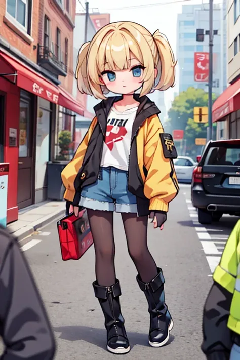  blond girl with bangs、Bob Hair、 black pantyhose 、 jacket、 shorts、boots and accessories、Keep one&#39;s knees、 blue eyes, Droopy eyes,  eyes sparkle,  frowns, Awkward, 