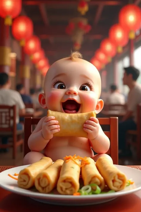 A chubby baby with a surprised expression, eating a large spring roll with both hands. The baby has shiny skin and is sitting in front of a plate filled with neatly arranged spring rolls garnished with shredded carrots and green onions. The background is a...