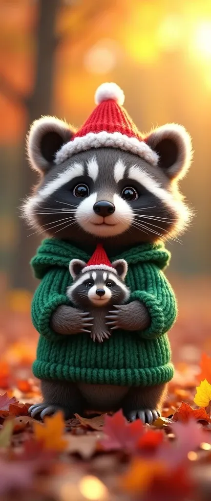 A photo of a cute extra fluffy baby raccoon wearing a Santa hat and a bright emerald knitted hoodie. The raccoon has braids and is wearing a knitted hat with raccoon ears. The raccoon is holding a cute, fluffy mimic raccoon in its arms. The background is a...