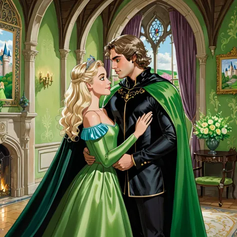  Two couples in a castle room .  The first couple of a man and a woman ,  she is brown-haired ,  brown eyes,  wears a blue princess dress with flowers Small ,  he is blonde hair ,  green eyes,  a completely black suit with a black cape ,  both are seeing e...