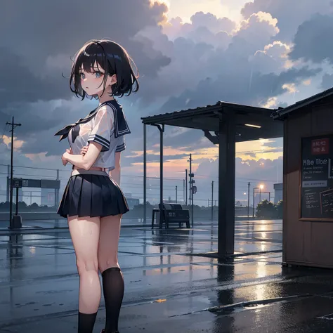 Ultra-high definition 、  beautiful girl with a fan 、 high school girl、  sailor suit 、Navy pleated skirt 、 black hair、Heavy Rain、bus stop、Rain Clouds、  looking up at the sky  、downpour、Sheltering from the Rain、 Drenched 、  wet hair 、  troubled face、 best qu...