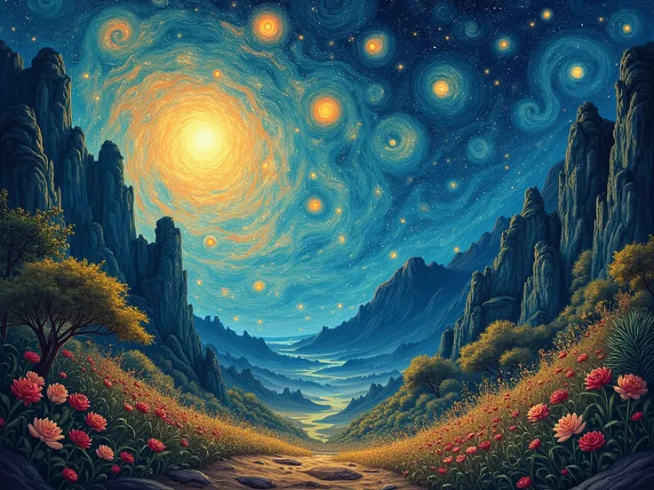 a beautiful galaxy with nature in the pure Van Goh style and a Lofi jazz theme