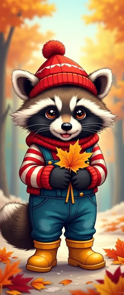 A comic book style photo of a cute extra fluffy baby raccoon wearing a Santa hat. The raccoon is wearing a red and white striped sweater, overalls, a cap, and rubber boots. The raccoon is holding a bouquet of autumn leaves in its hands. The background is a...