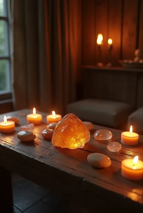 
Dark room, wooden table, stones of Citrine and quartz on the table, candles around