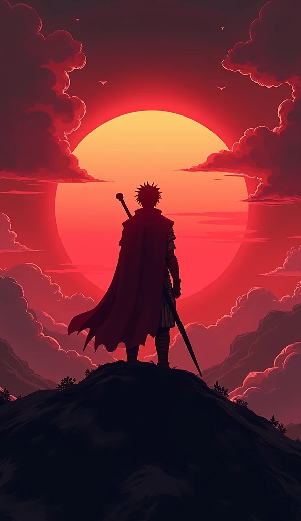 The character stands alone on a hilltop, watching the defeated enemies retreat. Their expression is resolute but calm, their energy intact. The background is a glowing sunrise rendered in red and black, symbolizing triumph and efficiency.anime style