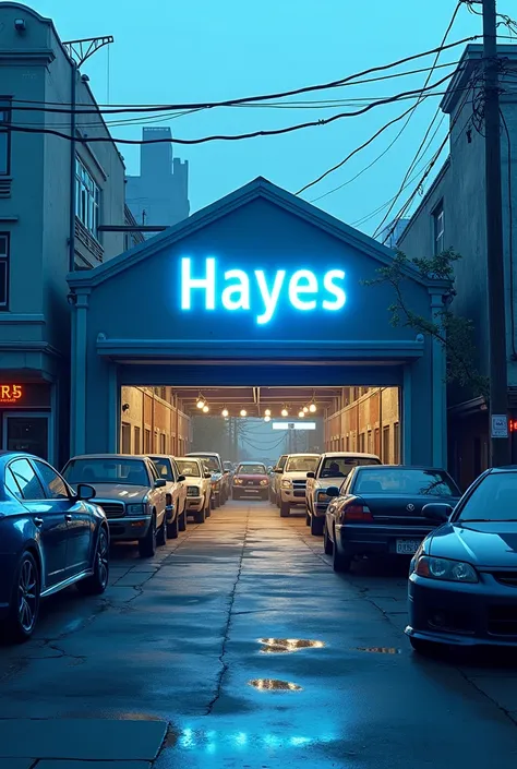 Give me a car repair shop picture with front side view with name of hayes and in morning bluesh colour