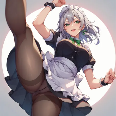 masterpiece、 best quality， very sophisticated、 pantyhose ，（from below ：1.25），Sakuya Khaniayoi，East，alone，Maid head dress、Maid，apron，Short sleeve， dress，erotic pose、Gray Hair、kick pose