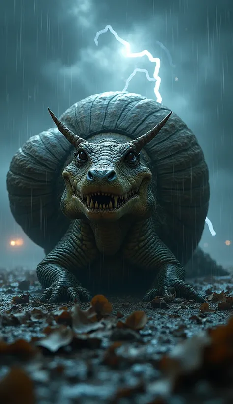 Mutant hybrid of a snail with the head of an angry crocodile and roaring on a stormy night