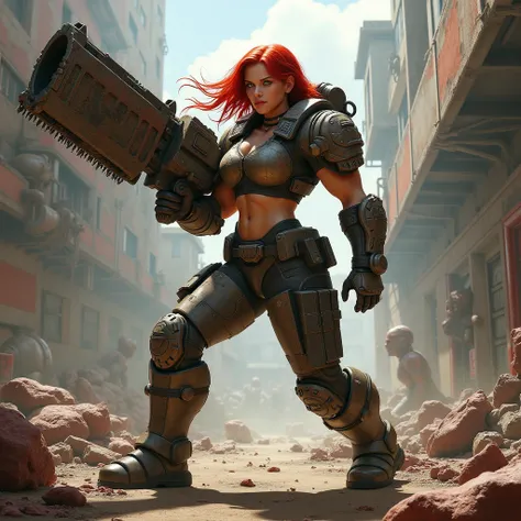 Gears of war female, realistic, blood and guts in background. Holding a Chainsaw gun. Long red hair 